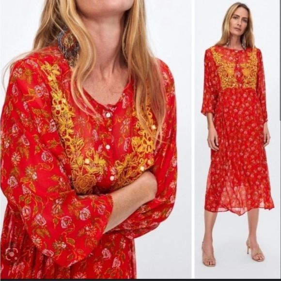 Zara Dresses & Skirts - Zara red floral embroidered midi dress